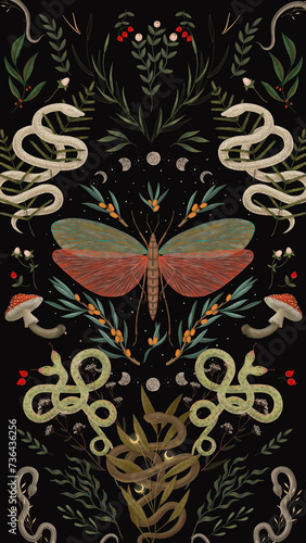forest mushroom illustration on dark background. fly agaric and grebe. magical elements. ideal for printing on a calendar, fabric, postcard and design	
