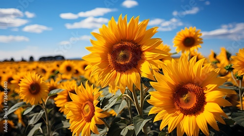 A tranquil marigold yellow field of sunflowers swaying in the summer breeze