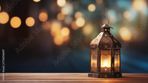 lantern on wooden table against bokeh background, islamic celebration, ramadan background