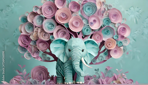 elefant, quilling, papier, gebastelt, neu, Bastelei, lila, türkis, kreativ, hintergründe, karte, design, artwork, pastell, niedlich, süss, kinder, einladung, baby, Ornament, baum, kunst, hellblau photo