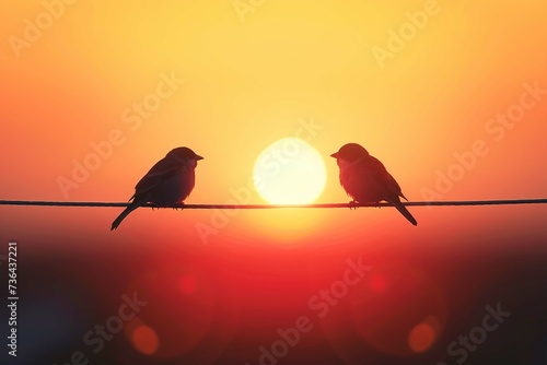 Two birds are sitting side by side on the wire in an 'u shape at sunset', in the style of love and romance, photo-realistic landscapes, warm core, wimmelbilder, shaped canvas, lens flare, valentine hu photo
