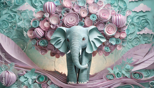 elefant, quilling, papier, gebastelt, neu, Bastelei, lila, türkis, kreativ, hintergründe, karte, design, artwork, pastell, niedlich, süss, kinder, einladung, baby, Ornament, baum, kunst, hellblau photo