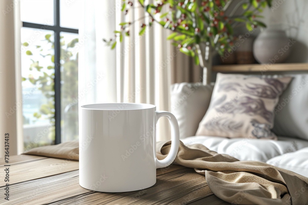 white mug mockup in living room setting