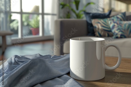 white mug mockup in living room setting