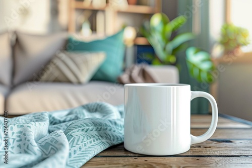 white mug mockup in living room setting