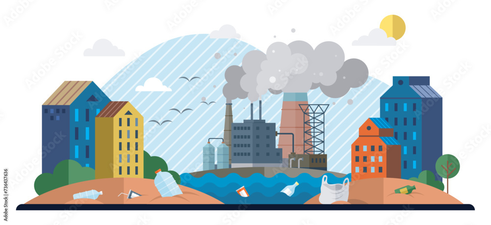 Waste pollution vector illustration. Plastic pollution in our oceans and waterways has reached alarming levels worldwide Waste pollution exacerbates social issues such as poverty, health disparities Waste pollution vector illustration. Plastic pollution in our oceans and waterways has reached alarming levels worldwide Waste pollution exacerbates social issues such as poverty, health disparities