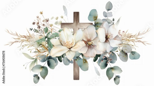 Eco-friendly Boho Design with Dry Eucalyptus and Tropical Flowers Cross on White Background Generative AI