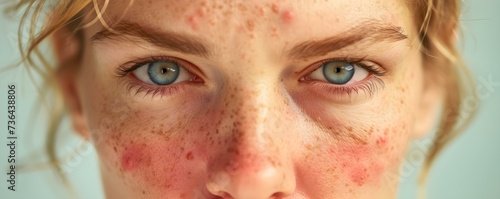 Person with red rash on face likely due to an allergic reaction. Concept Allergic Reaction, Red Rash on Face, Skin Irritation, Facial Allergy, Dermatitis photo