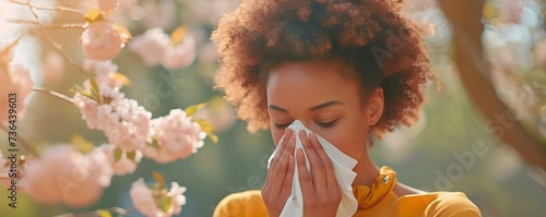A woman of African descent with allergies uses a handkerchief outdoors in spring. Concept Allergic Reactions, Spring Season, Handkerchief Usage, Women's Health, African Descent photo