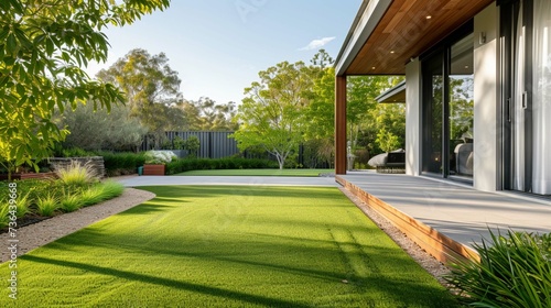 A contemporary Australian home or residential building's front yard features artificial grass lawn turf with timber edging