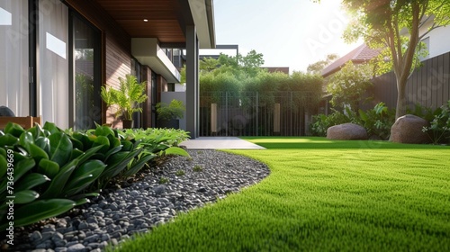 A contemporary Australian home or residential building's front yard features artificial grass lawn turf with timber edging photo