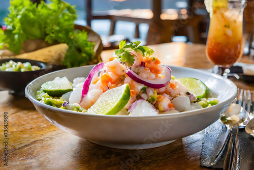 A fresh ceviche dish, served at sunset, highlighting the vibrant and appetizing presentation. photo
