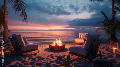 A cozy and inviting outdoor lounge setup with comfortable chairs and a fire pit on a sandy beach at sunset. HD, realistic, warm lighting type photo