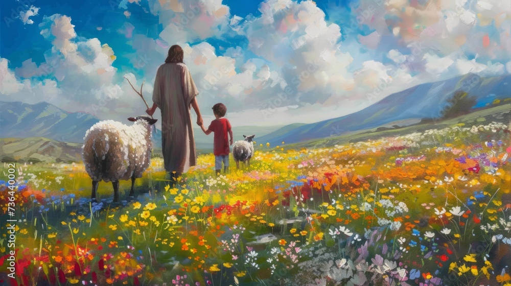 Jesus Christ Walking with Children amidst Sheep and Flowers Generative AI