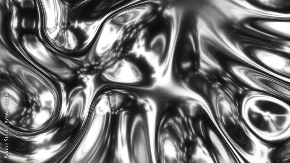 Looped animated fluid abstract texture of swirling liquid chrome metal