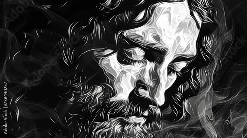 Black and White Portrait of Jesus Christ with White Outline and Vignette Effect Generative AI
