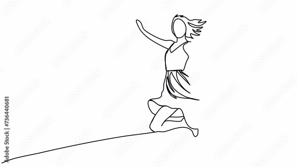 Woman in dress jumps, one line drawing animation. Video clip with alpha channel. Woman in dress jumps, one line drawing animation. Video clip with alpha channel.