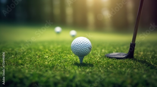 Golf ball on a tee, shallow depth of field with expanse of the course behind, green, ball, grass, sport, game, course, leisure, club, field, summer