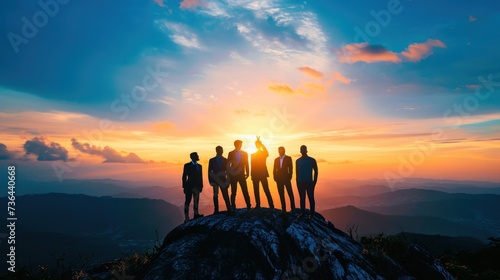 Silhouette of business team stand and feel happy on the most hight at the mountain on sunset, success, leader, teamwork, target, Aim, confident, achievement, goal, on plan, finish, generate by AI photo