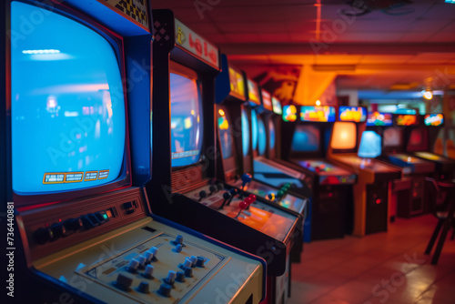 a retro game center the warm glow of CRT monitors creating an authentic 80s ambiance