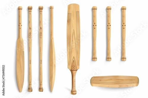 A vector illustration of a generic wooden cricket bat at various angles on an isolated white background
