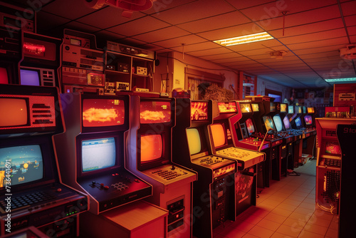 a retro game center the warm glow of CRT monitors creating an authentic 80s ambiance