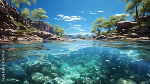 A tranquil pool of crystal-clear water reflecting a cloudless sky © Usama