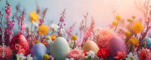 Captivating Easter Display: An Array of Festive Eggs, Flowers, and Colorful Decorations for Creative Inspiration. Concept Spring Fashion Trends, Floral Prints, Pastel Colors, Statement Accessories