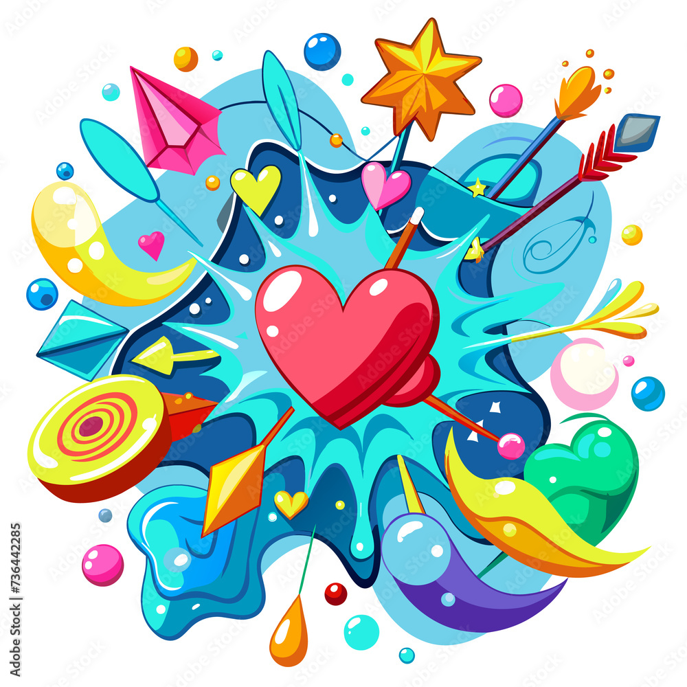 Obraz premium The heart shape in the middle of the image is surrounded by various other shapes, such as arrows, stars, and circles. These shapes are combined to create a colorful and visually appealing design.