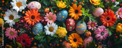 Vibrant Easter scene showcasing festive eggs flowers and colorful decorations for creative use. Concept Easter Celebration  Festive Eggs  Colorful Decorations  Vibrant Floral Arrangements