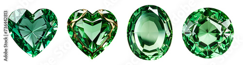Green diamond gems collection, heart, round, oval shape gloving stones, isolated on transparent background, icons logo vector