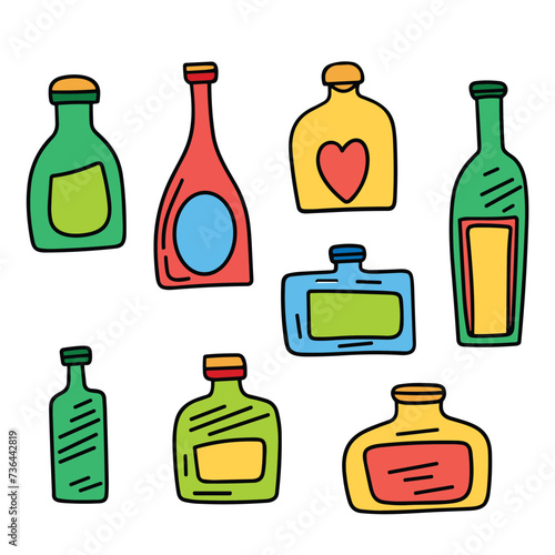 Colored outline bottle in doodle style. Hand drawn vector art.
