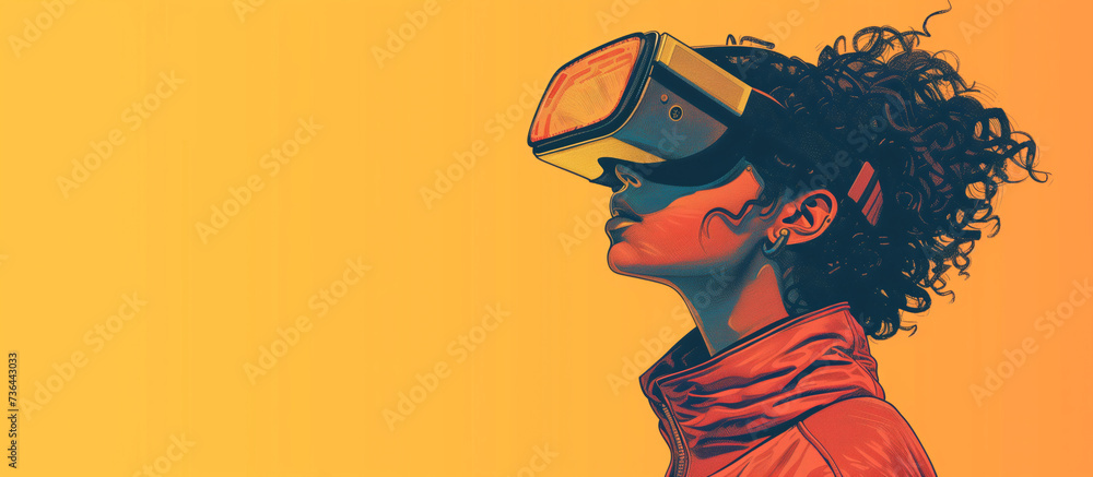 Retro modern art illustration of girl with VA Headset yellow background and space for copy Retro modern art illustration of girl with VA Headset yellow background and space for copy