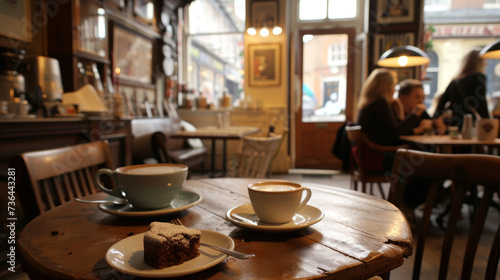 café gourmand sur une table en bois de bistrot parisien le matin photo
