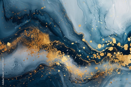 Abstract paint texture art. Natural luxury. Blue paint with gold glitter powder. Marble background. © Khalif