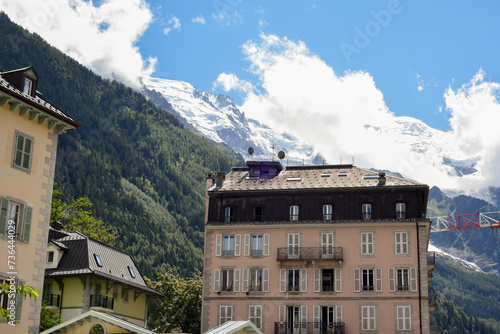 View of Mont Blanc mountain from ski resort below at low angle