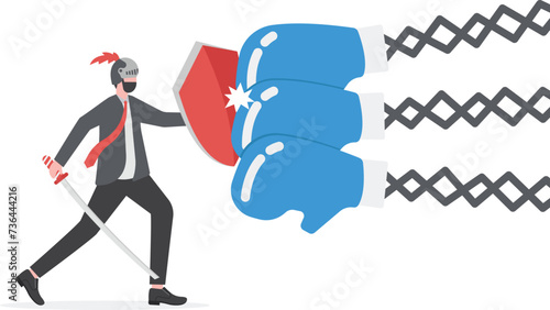 Business threat, fight to survive in business competition, resilience or adversity, challenge or survive to win, courage fighter concept, businessman hold shield to fight with multiple fighter punch.
