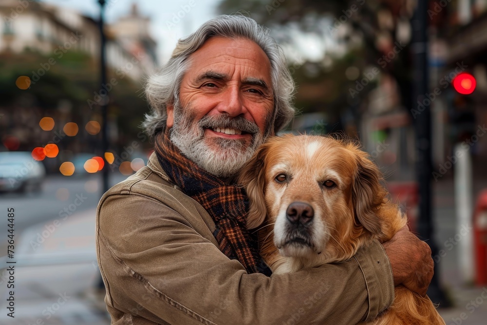 A stylish man enjoys a peaceful walk with his loyal canine companion, a beautiful brown dog breed, on a sunny street in their favorite outdoor spot