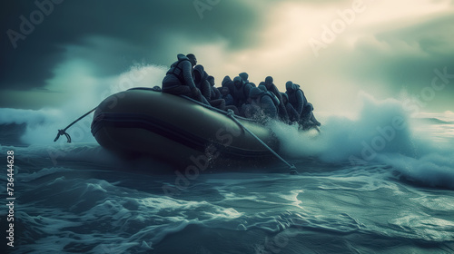 A group of refugees on a rubber boat in a raging ocean. The concept of illegal human trafficking for force labor photo