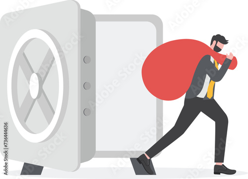 Financial crime, stealing money, investment risk or banking security concept, young man with black mask bandit costume or thief stealing or carrying wealth.

