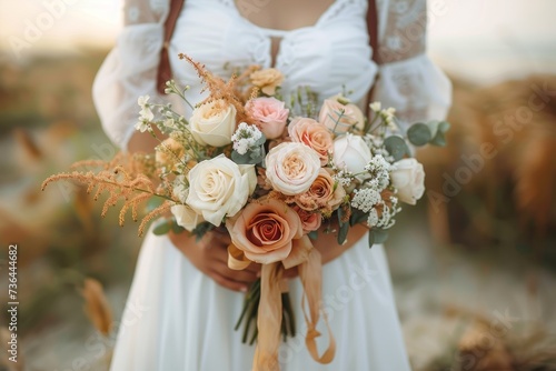 A blushing bride stands adorned in her wedding dress, holding a beautiful bouquet of roses arranged with delicate floristry, adding the perfect touch of nature to her special day photo