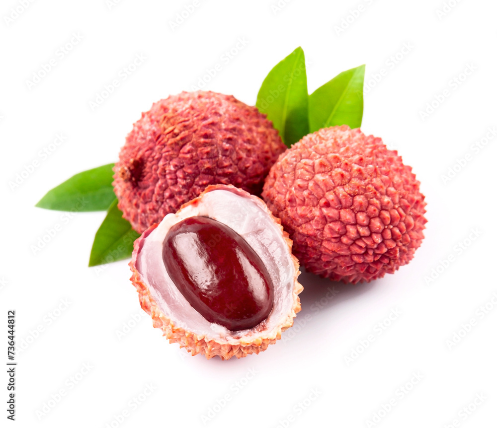 Lychee with leaves on white backgrounds Lychee with leaves on white backgrounds
