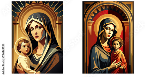  Virgin Mary with baby Jesus. Set flat vector illustration 