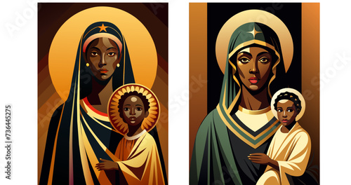 Dark skinned Virgin Mary with baby Jesus. Set flat vector illustration 