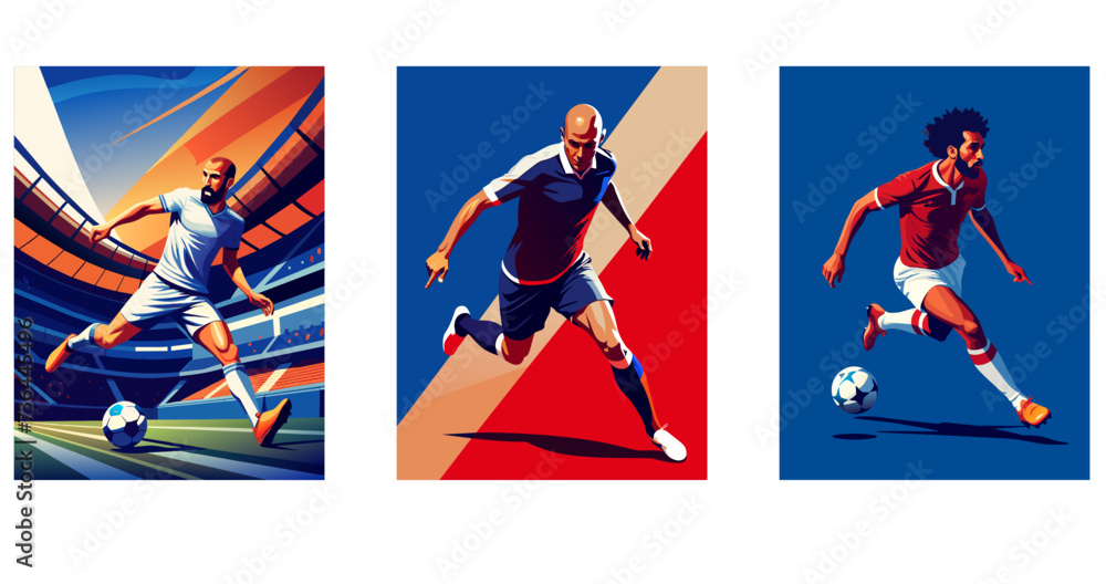 Fototapeta premium Football or soccer player in action on stadium. Set flat vector illustration 