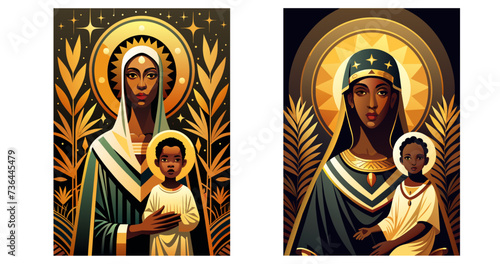Dark skinned Virgin Mary with baby Jesus. Set flat vector illustration 