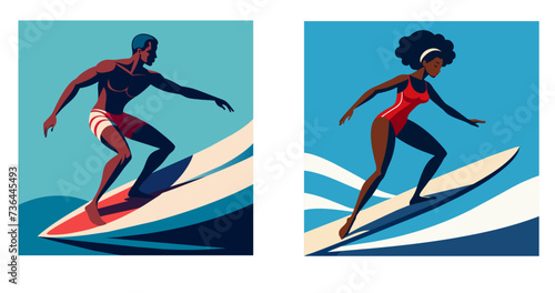 African dark skinned man and woman in swimming suit surfing. Set flat vector illustration 