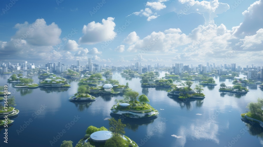 Serene Aquatic Urban Ecosystem with Lush Floating Gardens. Serene Aquatic Urban Ecosystem with Lush Floating Gardens.