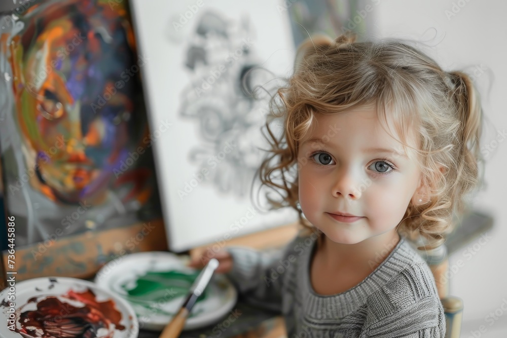 A curious toddler in a messy apron paints a vibrant human face on a table, surrounded by scattered art supplies and a half-eaten snack, while her proud parents watch from the colorful walls A curious toddler in a messy apron paints a vibrant human face on a table, surrounded by scattered art supplies and a half-eaten snack, while her proud parents watch from the colorful walls