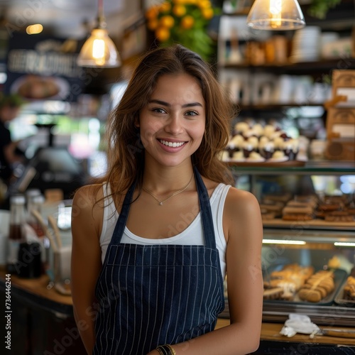 A cheerful woman in a classic apron stands behind a bakery counter, smiling as she offers a variety of delicious snacks in her quaint indoor shop